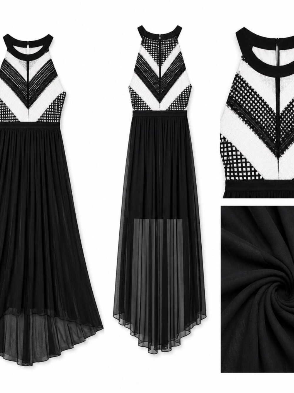 Black & White Maxi Dress • Sheer Mesh Overlay • V-Neck • Elegant Evening Dress - Picture 3 of 4